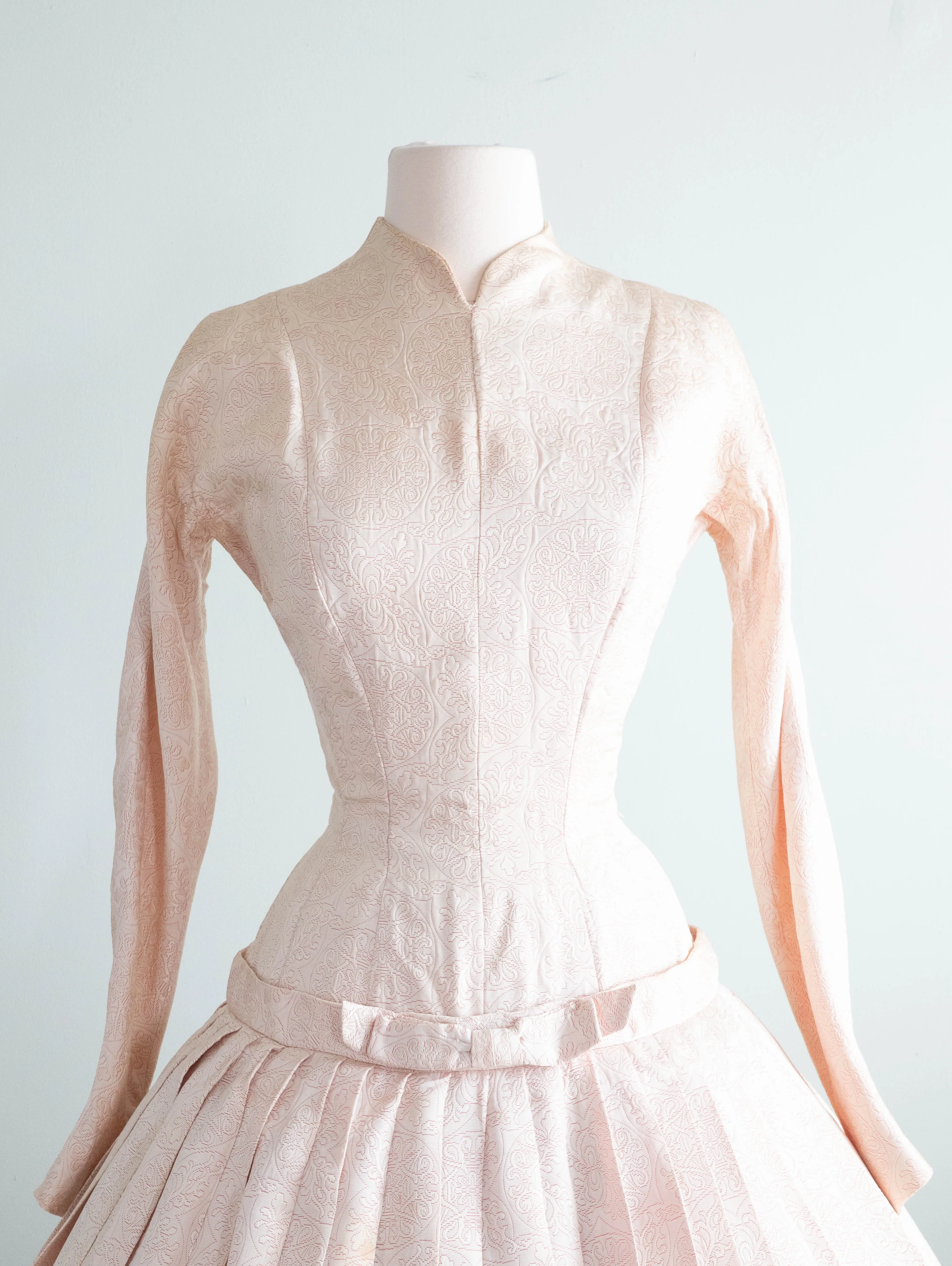 1950's Pretty In Pink Brocade Cocktail Dress With Dropped Waist and Bow / Small