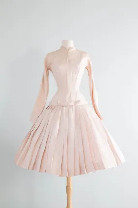 1950's Pretty In Pink Brocade Cocktail Dress With Dropped Waist and Bow / Small