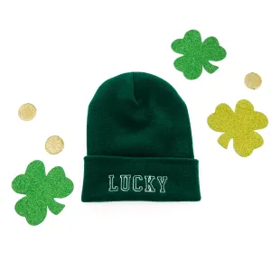 Adult Beanie - LUCKY - Dark Green w/ White