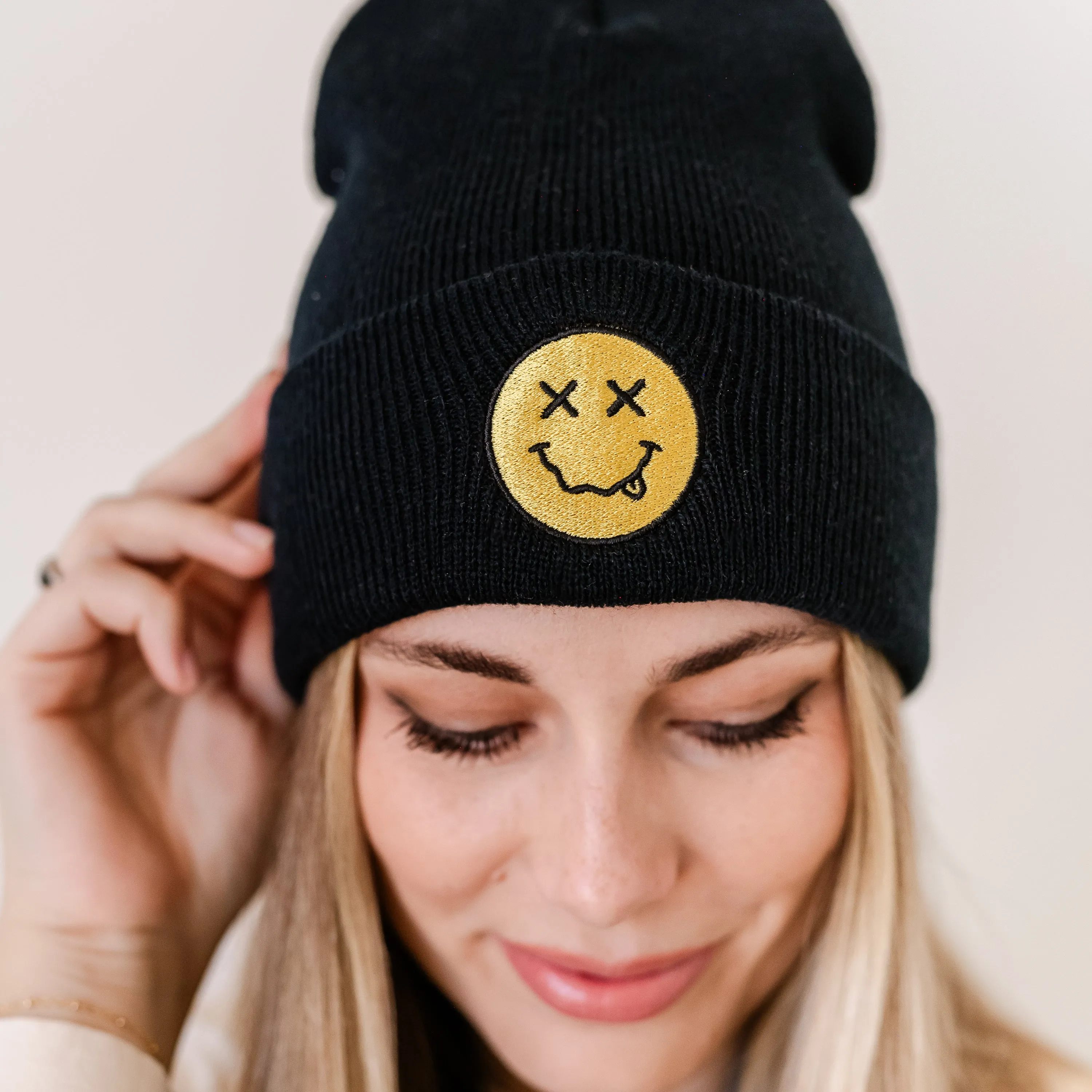 ADULT BEANIE - X Eye Smiley w/ Squiggle Tongue - Black