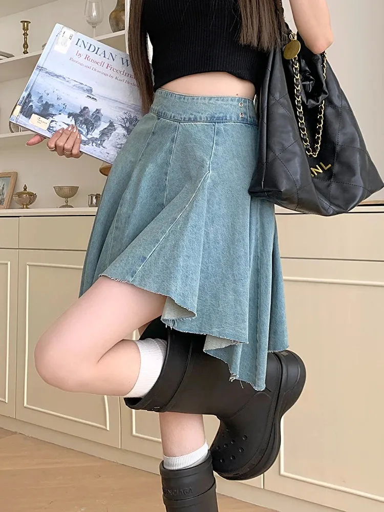 Advbridge -  Irregular Denim Skirt Women New Summer High Waist Back Zip Pleated Jeans Skirts Vintage Fashion Short Mini Streetwear Skirt