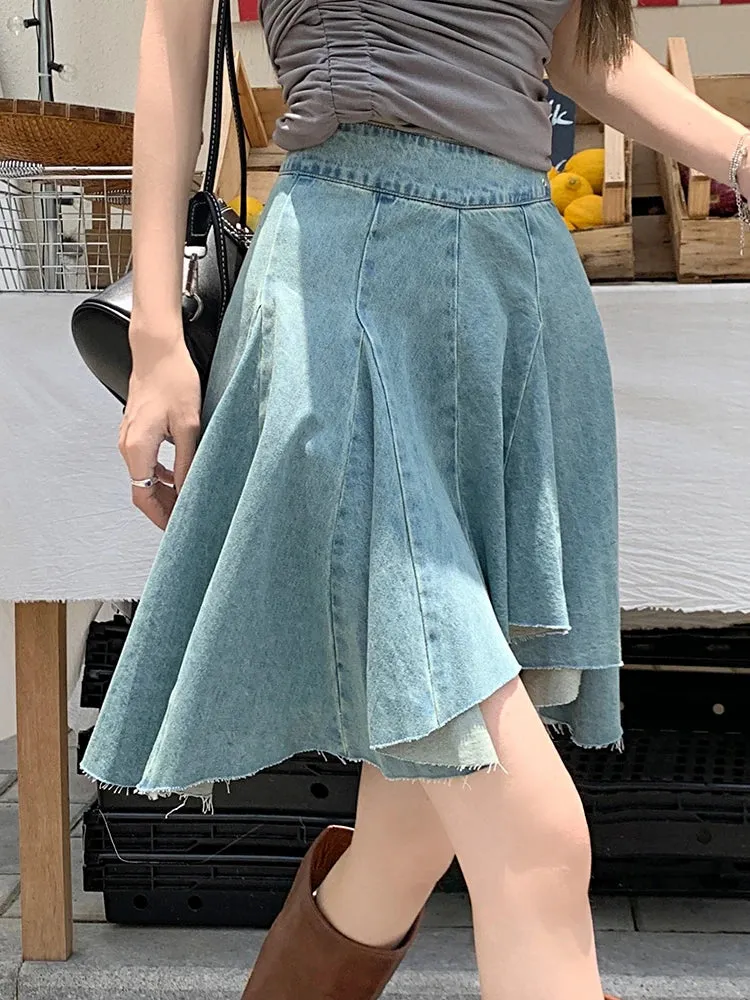 Advbridge -  Irregular Denim Skirt Women New Summer High Waist Back Zip Pleated Jeans Skirts Vintage Fashion Short Mini Streetwear Skirt