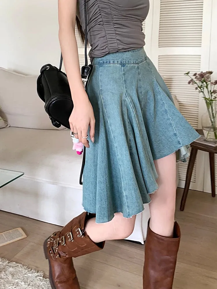 Advbridge -  Irregular Denim Skirt Women New Summer High Waist Back Zip Pleated Jeans Skirts Vintage Fashion Short Mini Streetwear Skirt