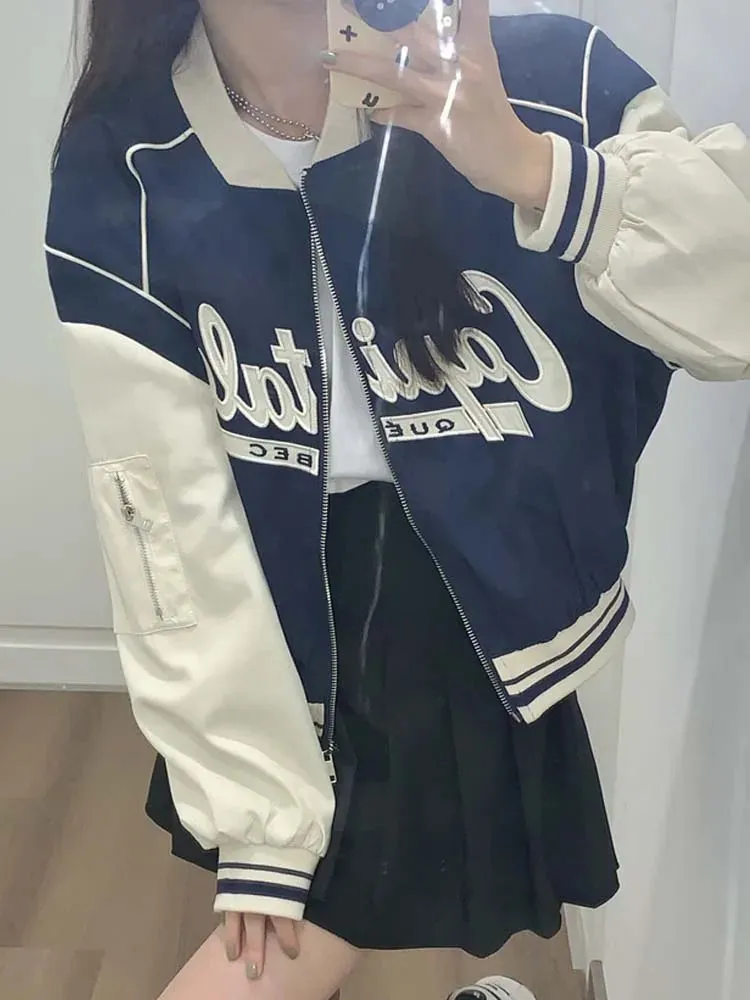 Advbridge Women Y2K Baseball Jackets Loose Oversized Crop Bomber Coat Ladies Letter Print Sportswear Female Korean Windbreaker Jacket