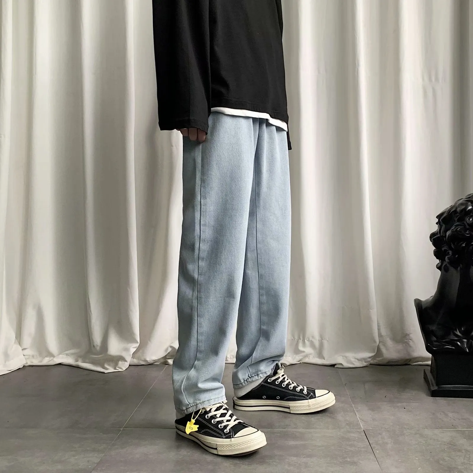 Aidase wide-leg jeans men's straight loose ins pants Hong Kong style trend wild retro drape mopping old daddy trousers