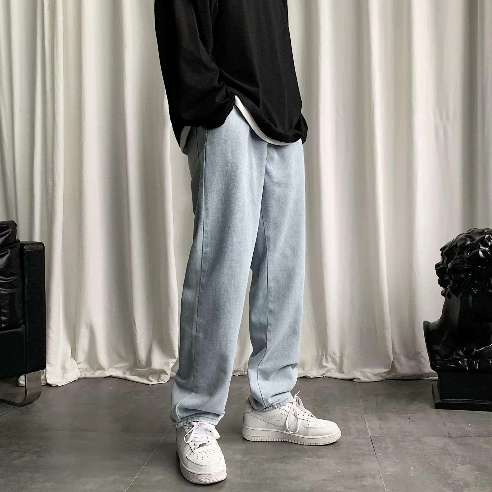 Aidase wide-leg jeans men's straight loose ins pants Hong Kong style trend wild retro drape mopping old daddy trousers