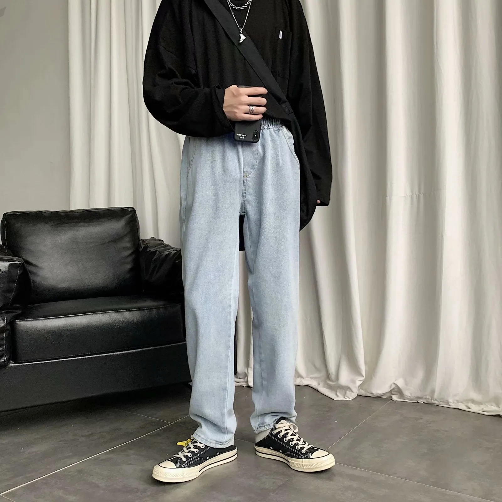 Aidase wide-leg jeans men's straight loose ins pants Hong Kong style trend wild retro drape mopping old daddy trousers