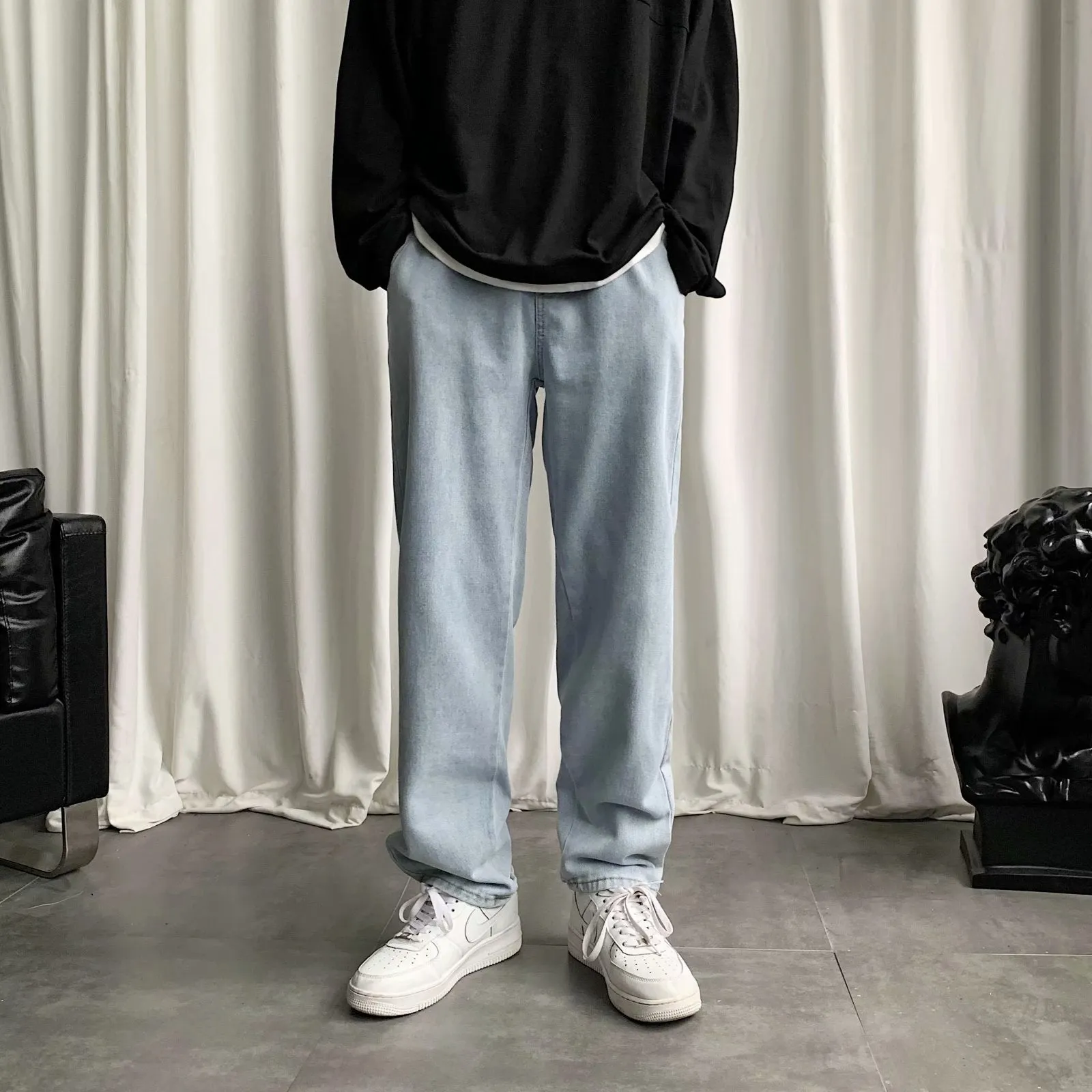 Aidase wide-leg jeans men's straight loose ins pants Hong Kong style trend wild retro drape mopping old daddy trousers