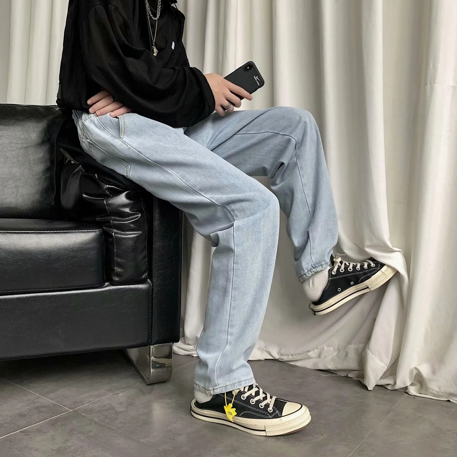 Aidase wide-leg jeans men's straight loose ins pants Hong Kong style trend wild retro drape mopping old daddy trousers