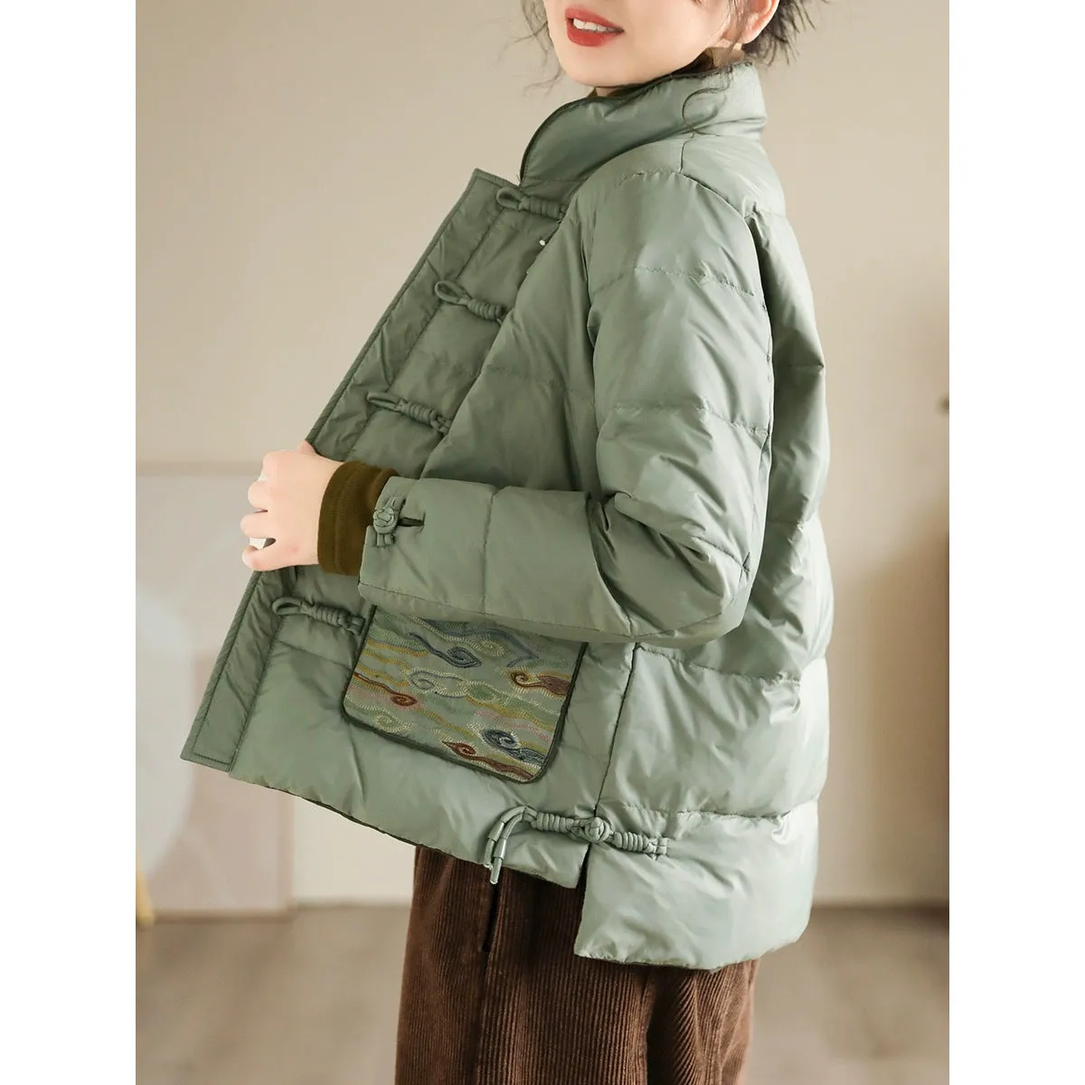 Ancient coffee clothing autumn and winter new products retro ethnic style buckle white duck down jacket literary stand-up collar warm jacket women