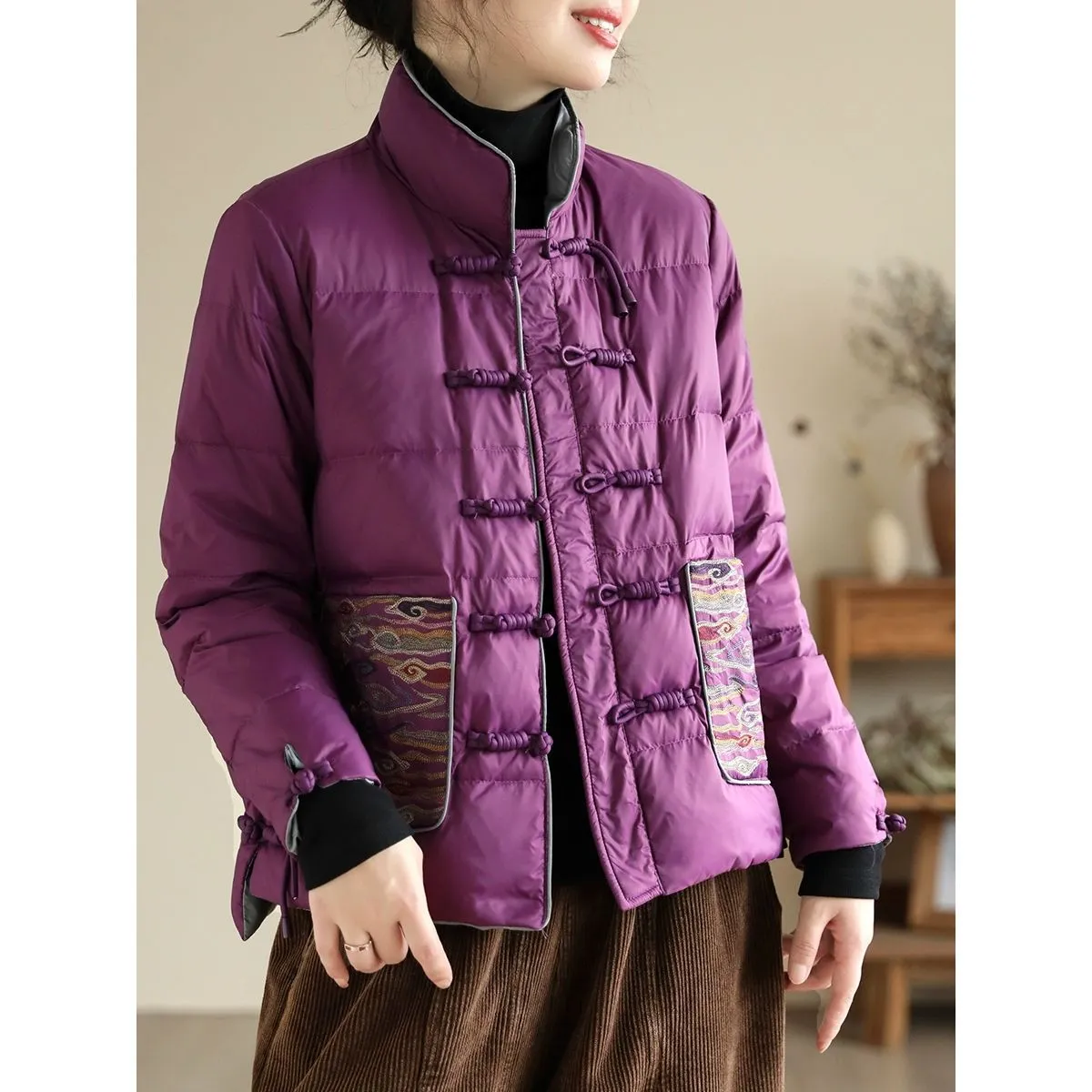 Ancient coffee clothing autumn and winter new products retro ethnic style buckle white duck down jacket literary stand-up collar warm jacket women