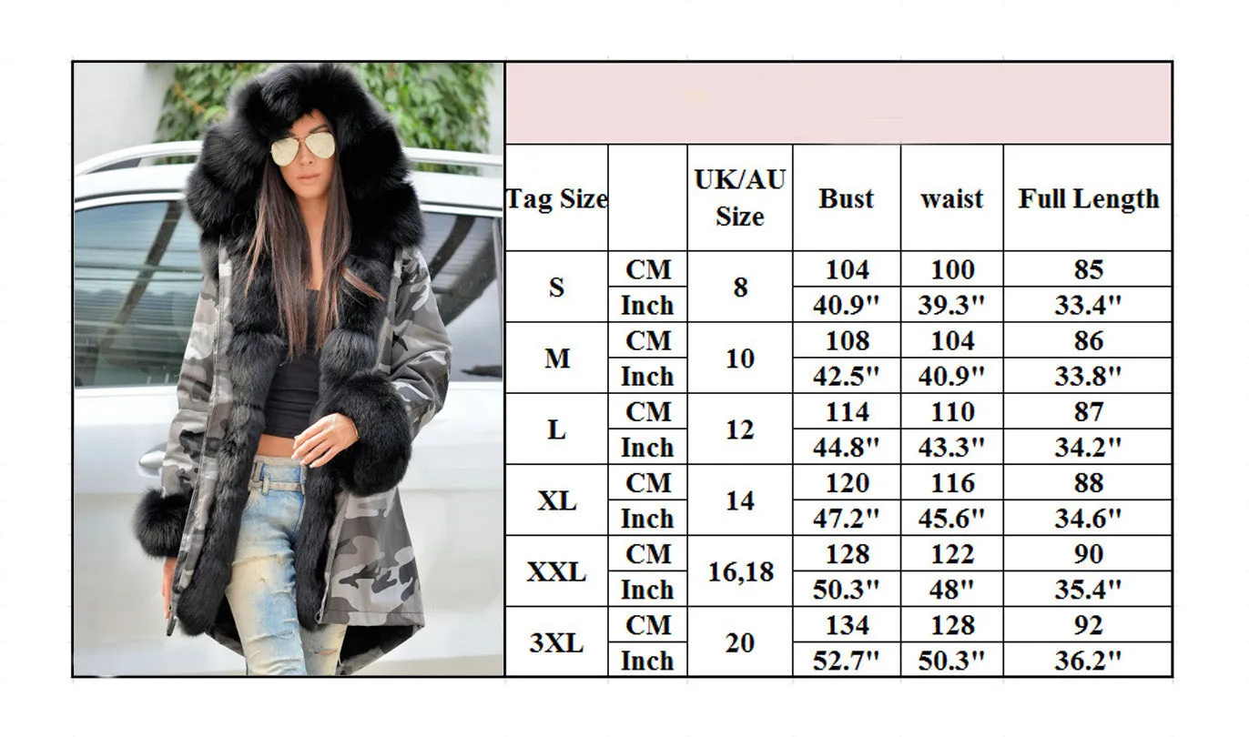 Aofur Women's Winter Camouflage Thick Black Fur Parka Long Hooded Jacket Coat Trench Coat S-XXXL