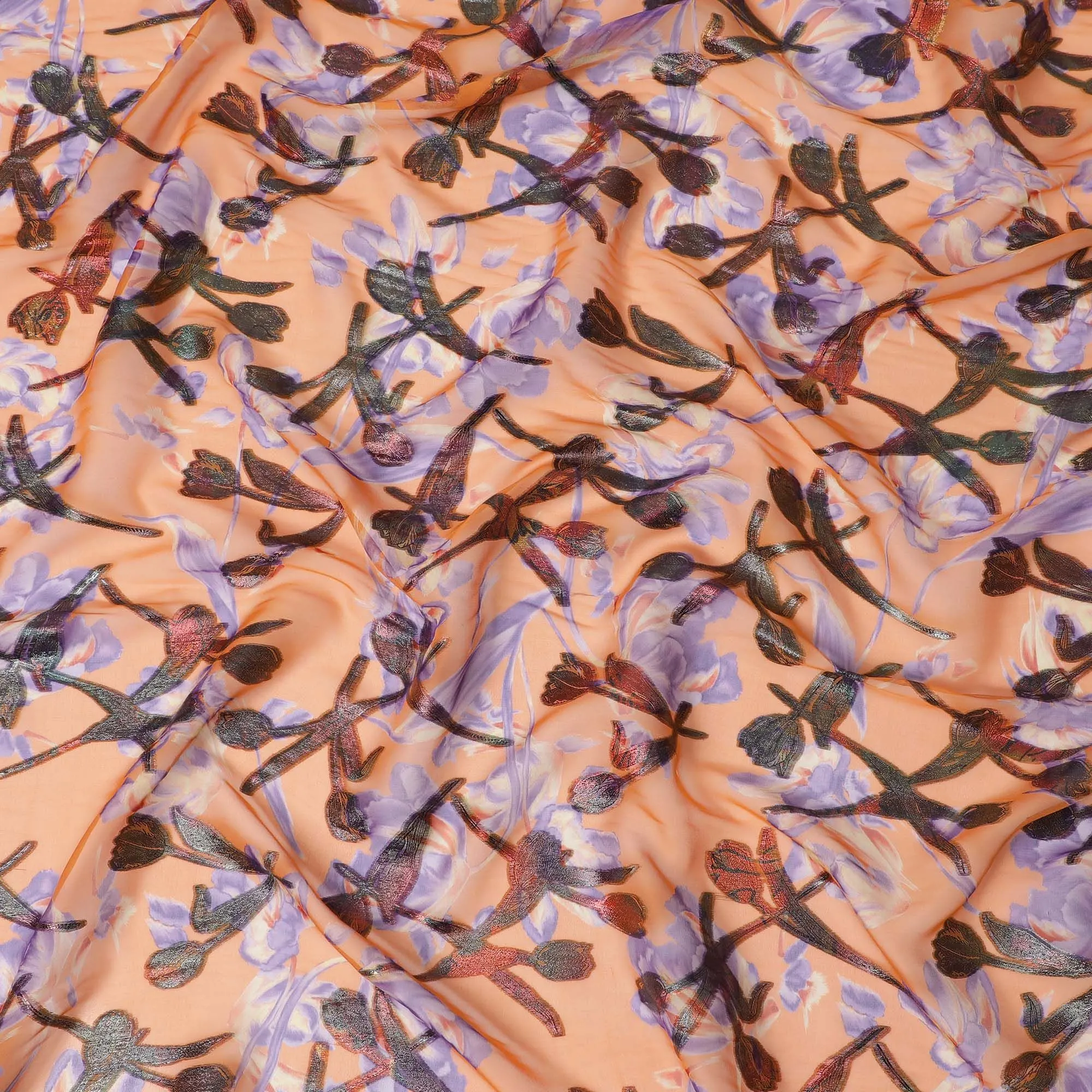 Apricot Blossom Silk Chiffon Fabric with Metallic Lurex Accents, 110cm Wide – Whimsical Floral Elegance-D18390