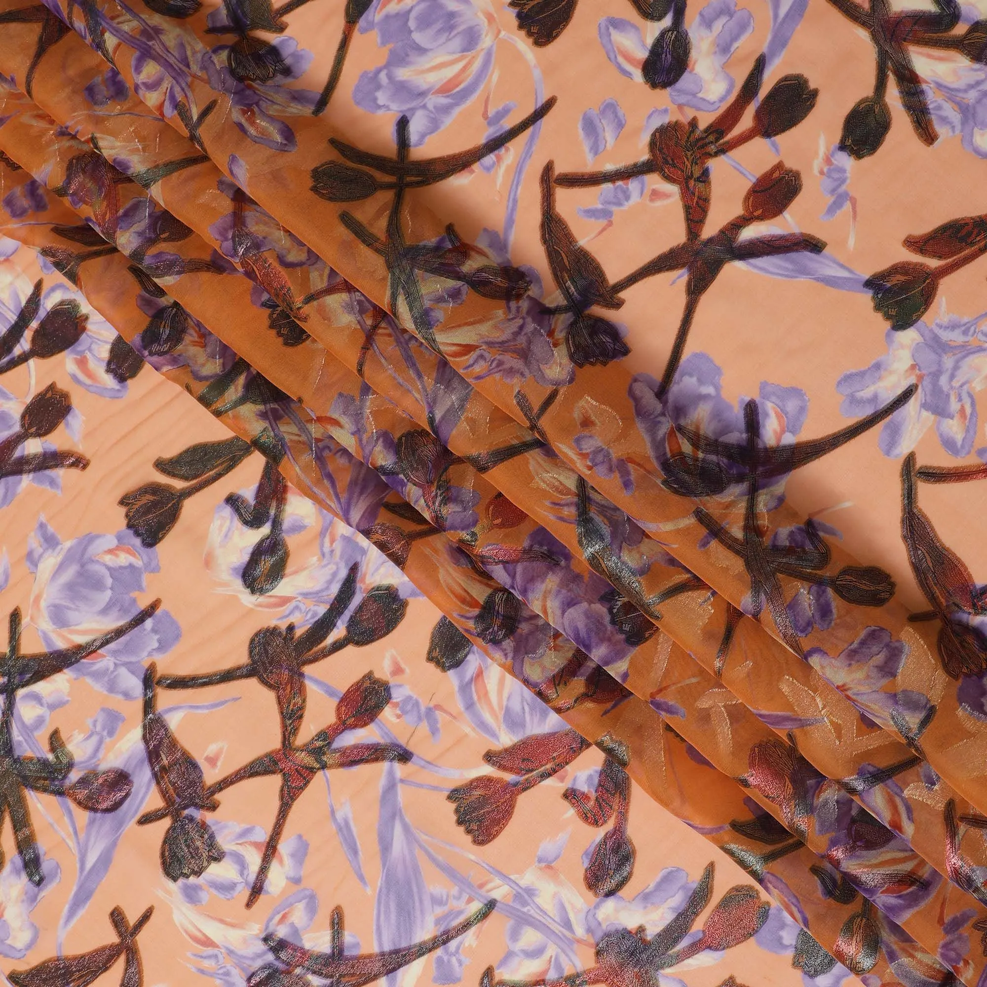 Apricot Blossom Silk Chiffon Fabric with Metallic Lurex Accents, 110cm Wide – Whimsical Floral Elegance-D18390