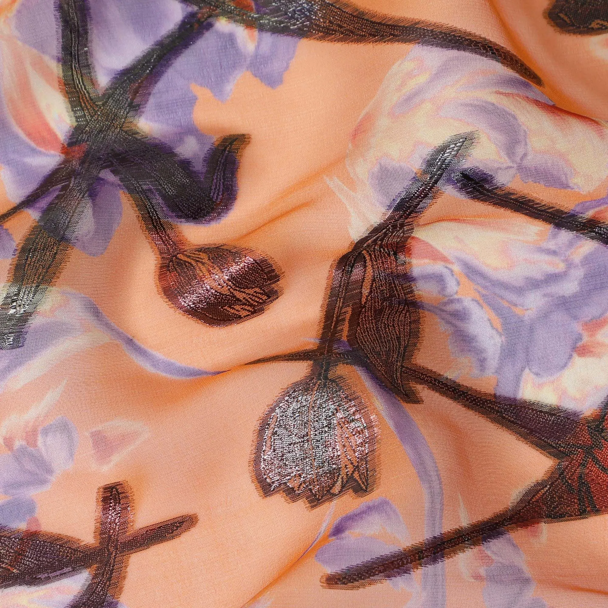 Apricot Blossom Silk Chiffon Fabric with Metallic Lurex Accents, 110cm Wide – Whimsical Floral Elegance-D18390