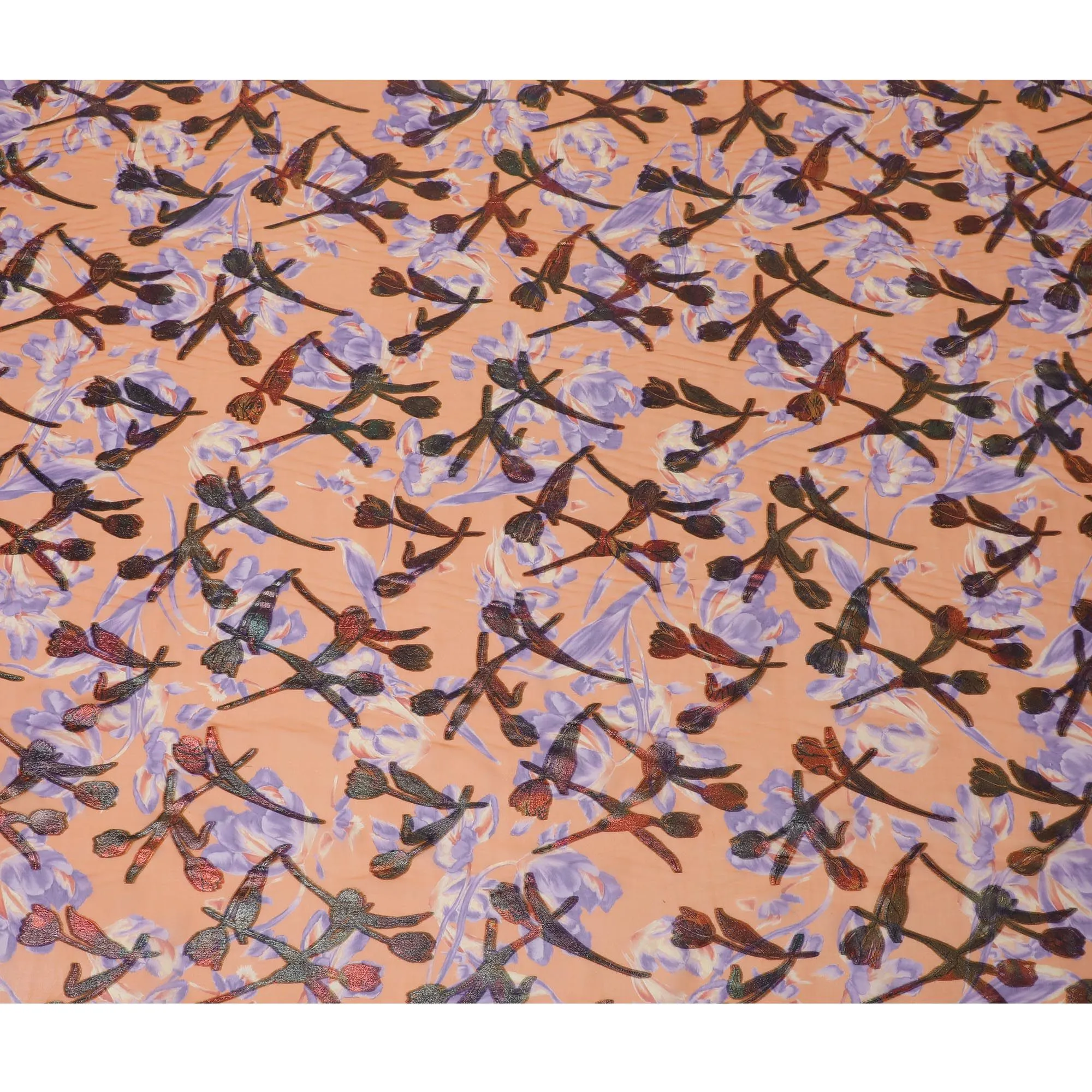 Apricot Blossom Silk Chiffon Fabric with Metallic Lurex Accents, 110cm Wide – Whimsical Floral Elegance-D18390