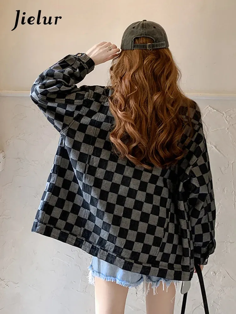 Autumn Black Denim Coat Women Korean New Chessboard Checker Casual Loose Retro Blue Jacket Top Woman High Street Chic