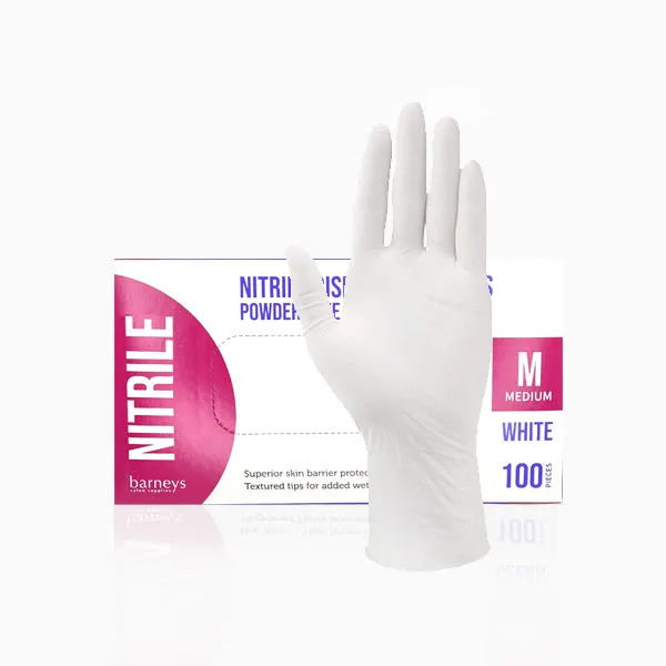 Barneys Nitrile Disposable Gloves Powder Free - White - Medium - 100 Pieces