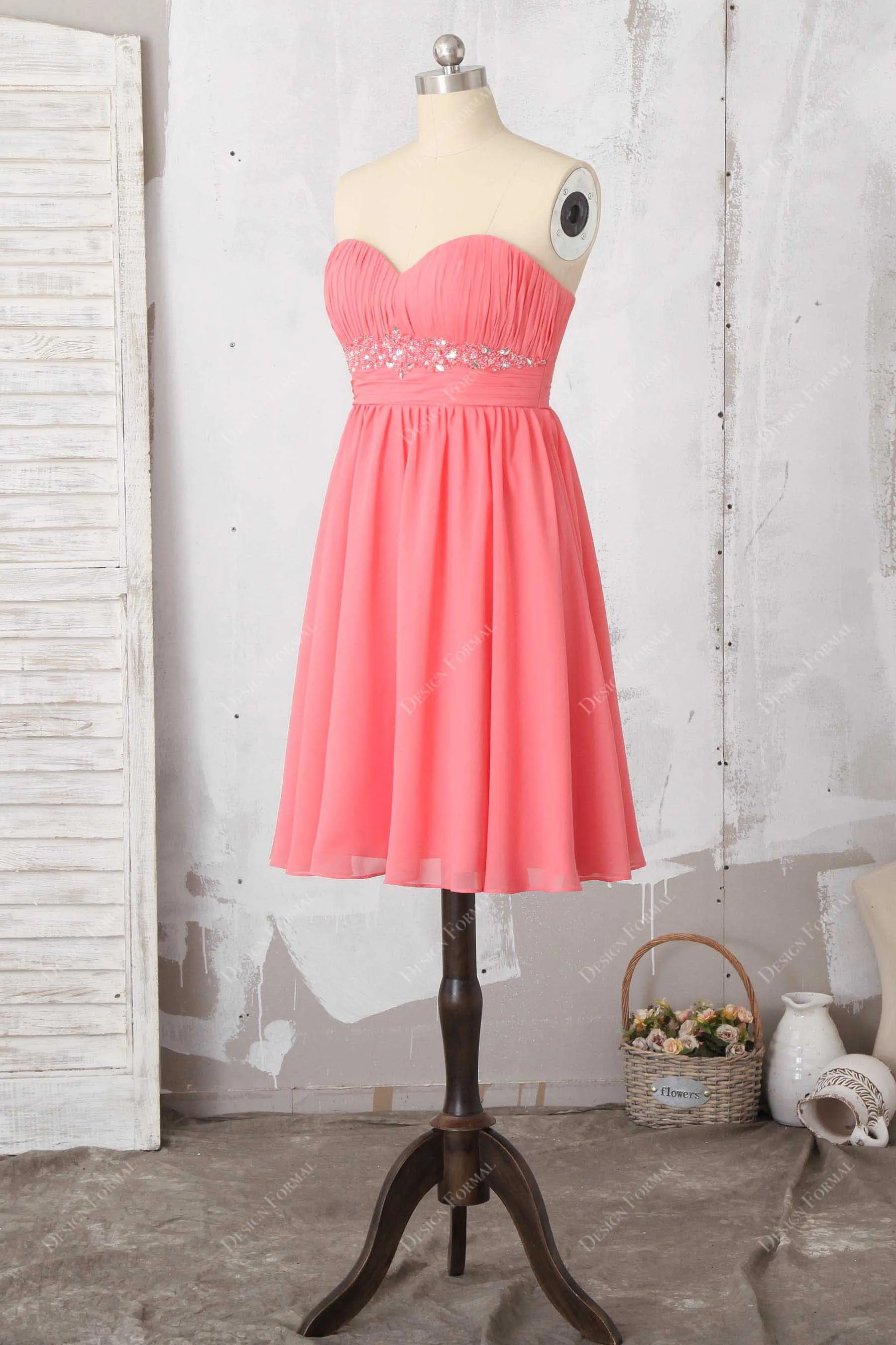 Beaded Pleated Watermelon Chiffon Short Cute Dress