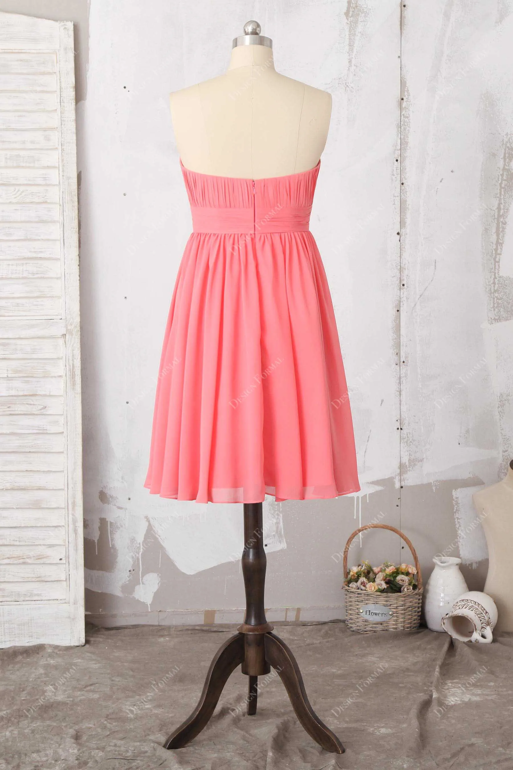 Beaded Pleated Watermelon Chiffon Short Cute Dress