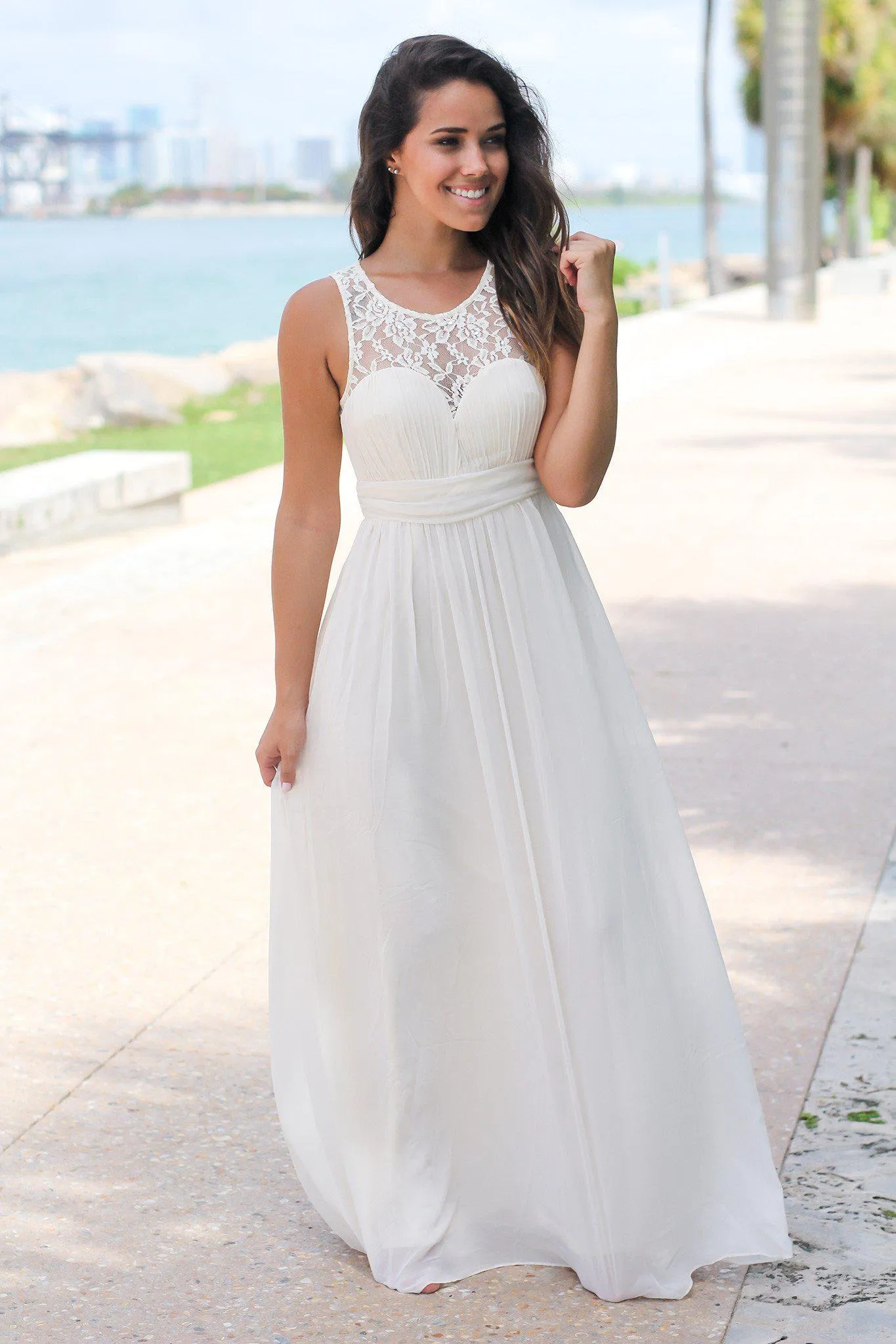 Beige Maxi Dress with Pleated Lace Top