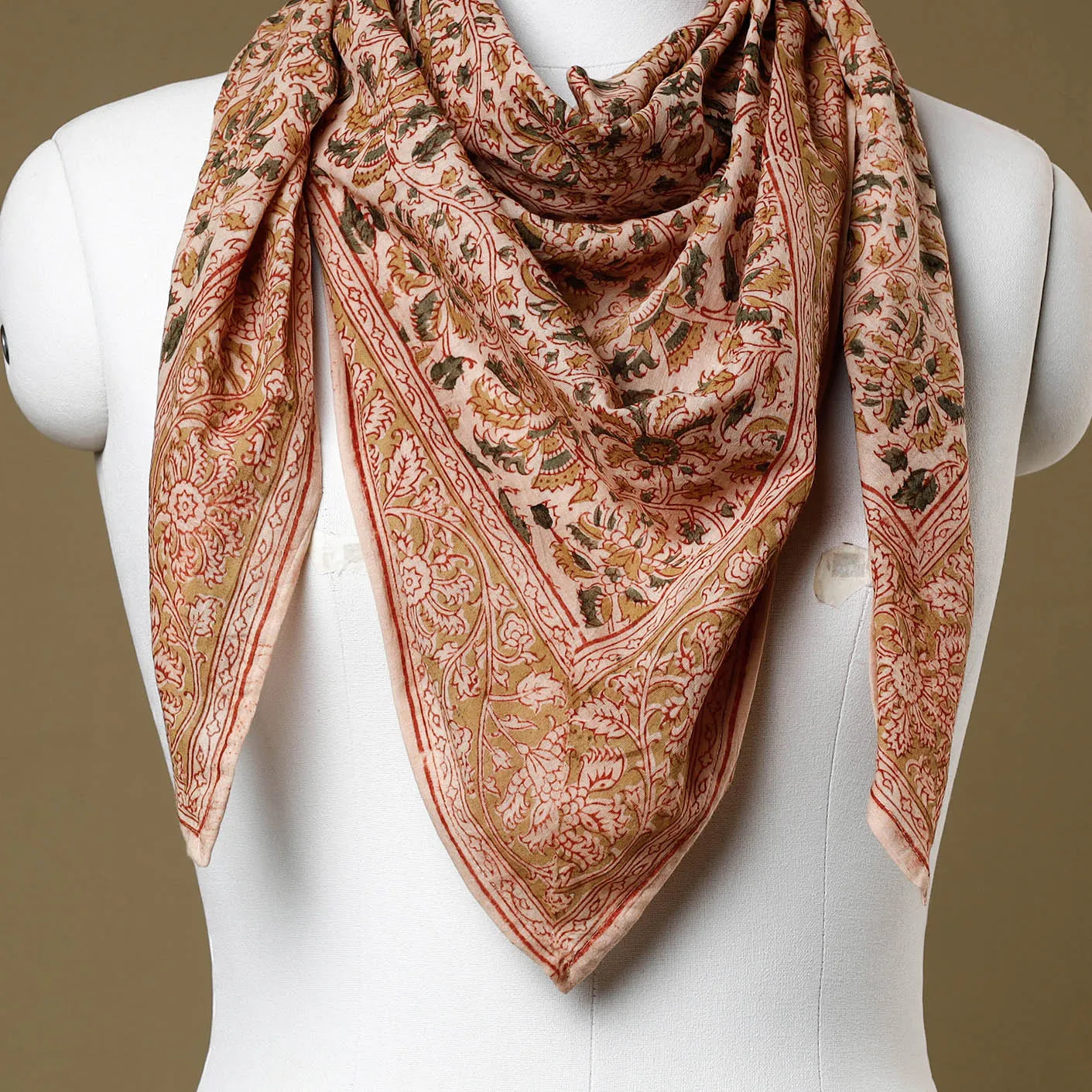 Beige - Original Pedana Kalamkari Block Printed Cotton Scarf