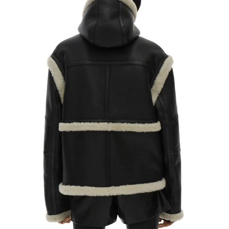 Best Handmade Style Helmut Lang Womens Black Aviator Hooded Shearling Jacket