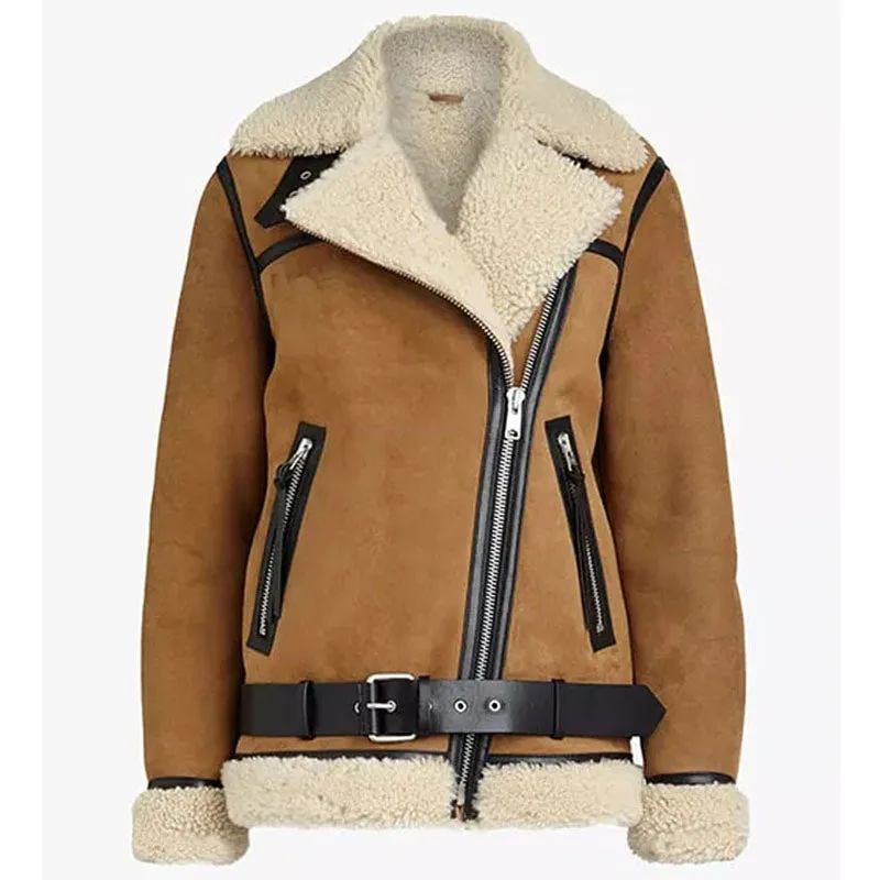 Best Handmade Style Winter Warm Haydu Brown Suede Leather Shearling Coat