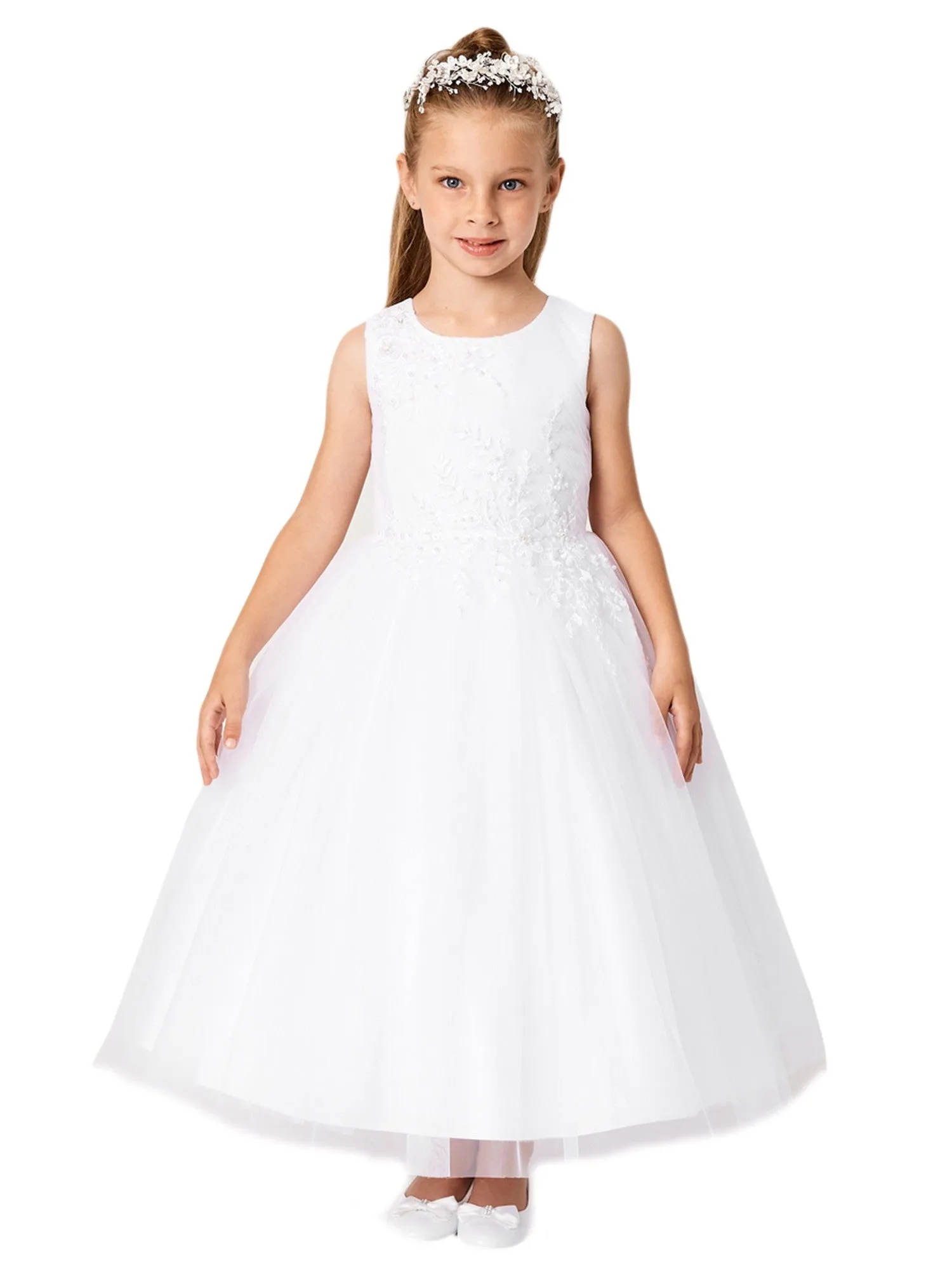 Big Girls Ivory Pleated Bodice Floral Applique Junior Bridesmaid Dress 8-14