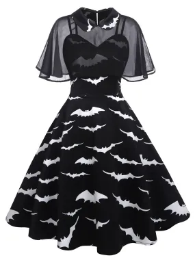 Black 1950s Bat Cape Swing Dress