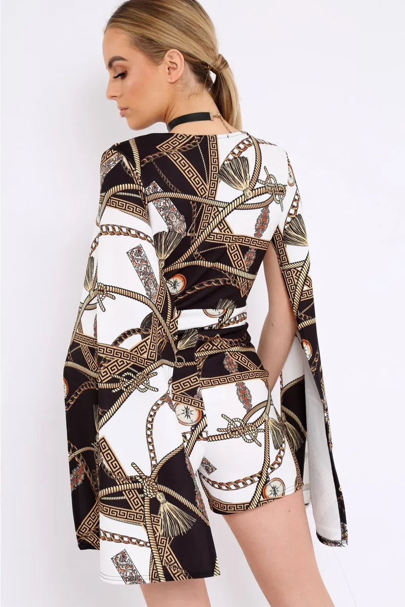 Black and White Rope Print Cape Playsuit - Zyona