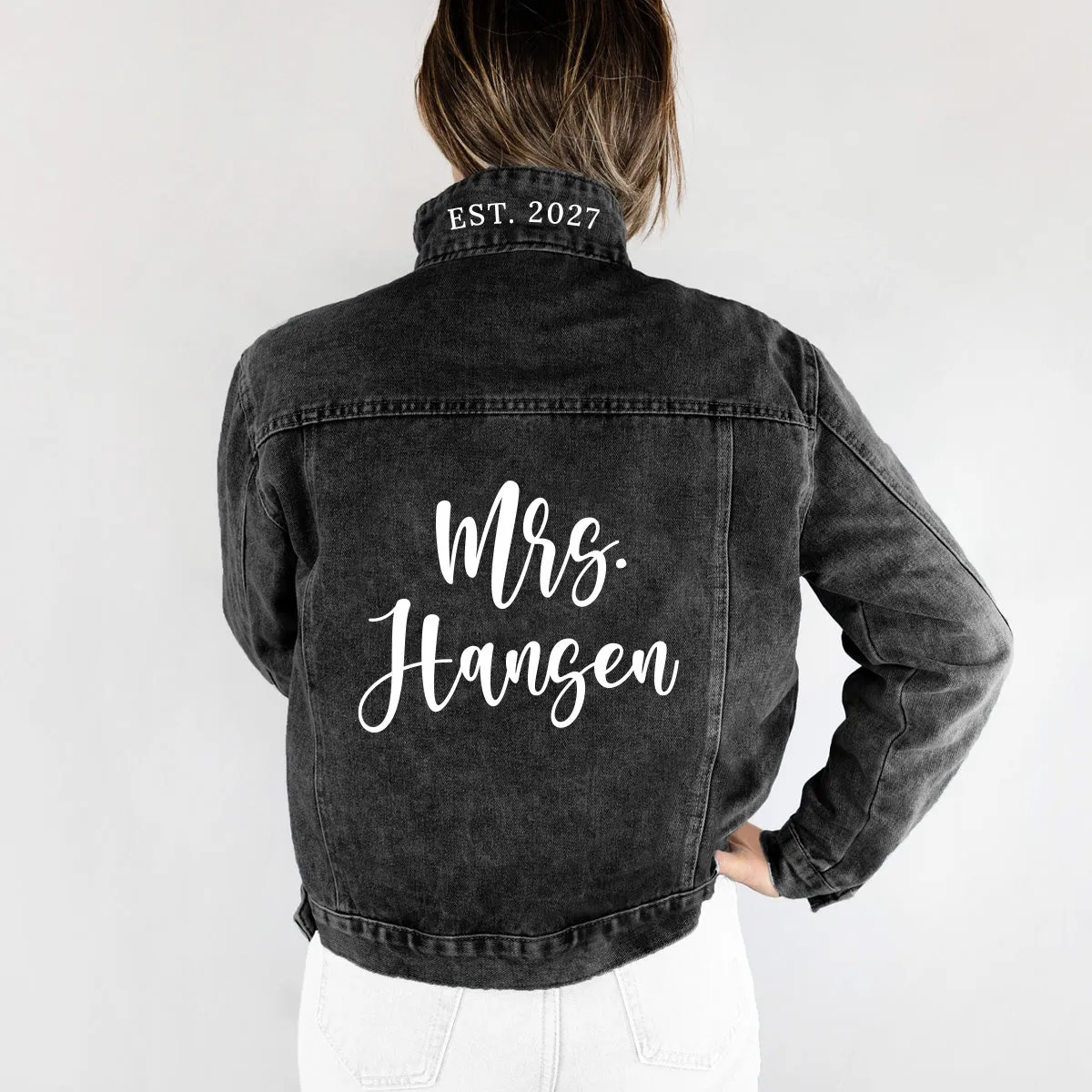 (Black Denim) Black Bridal Denim Jacket with Custom Name