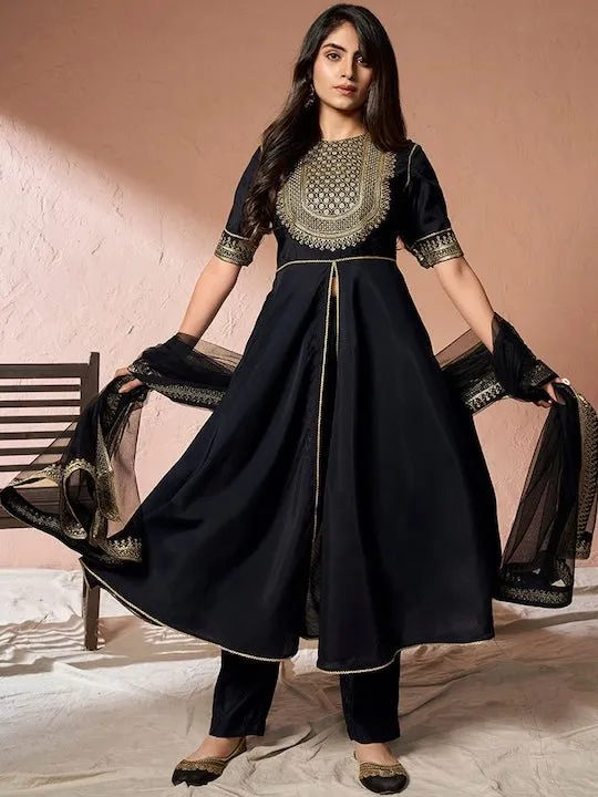 Black Ethnic Motifs Yoke Design Sequinned A-Line Kurta With Trousers & Dupatta