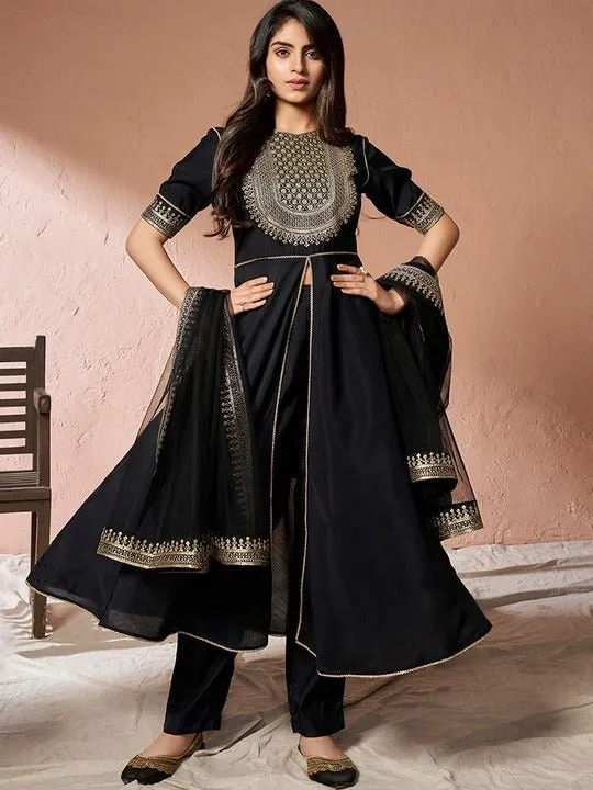 Black Ethnic Motifs Yoke Design Sequinned A-Line Kurta With Trousers & Dupatta