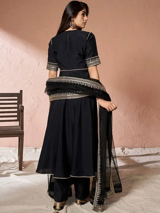 Black Ethnic Motifs Yoke Design Sequinned A-Line Kurta With Trousers & Dupatta