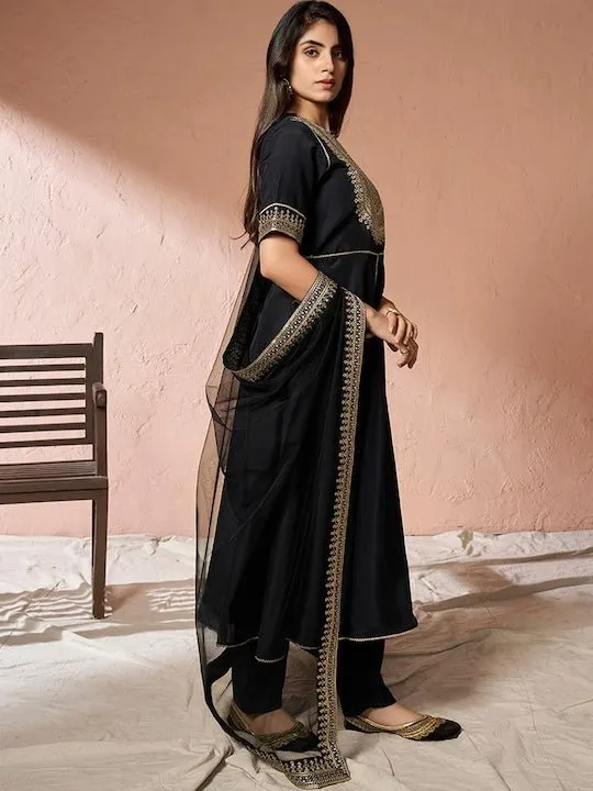 Black Ethnic Motifs Yoke Design Sequinned A-Line Kurta With Trousers & Dupatta