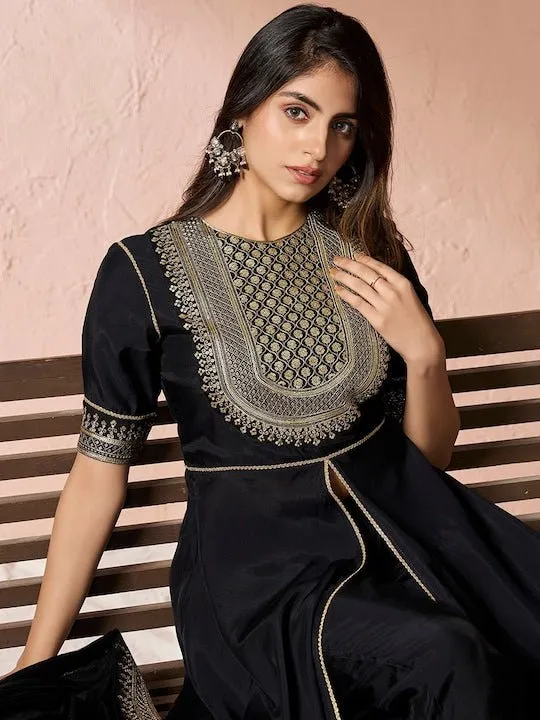 Black Ethnic Motifs Yoke Design Sequinned A-Line Kurta With Trousers & Dupatta