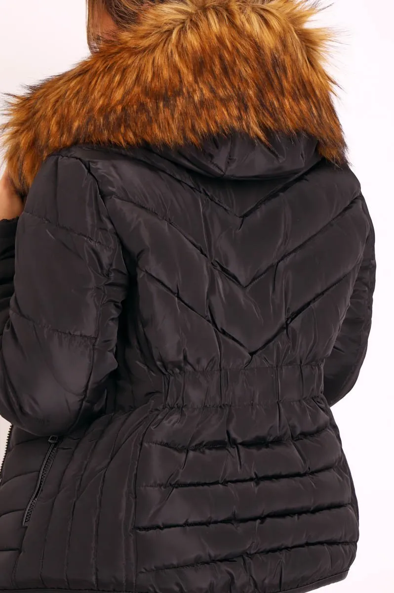 Black Fur Trim Quilted Puffer Coat - Lania