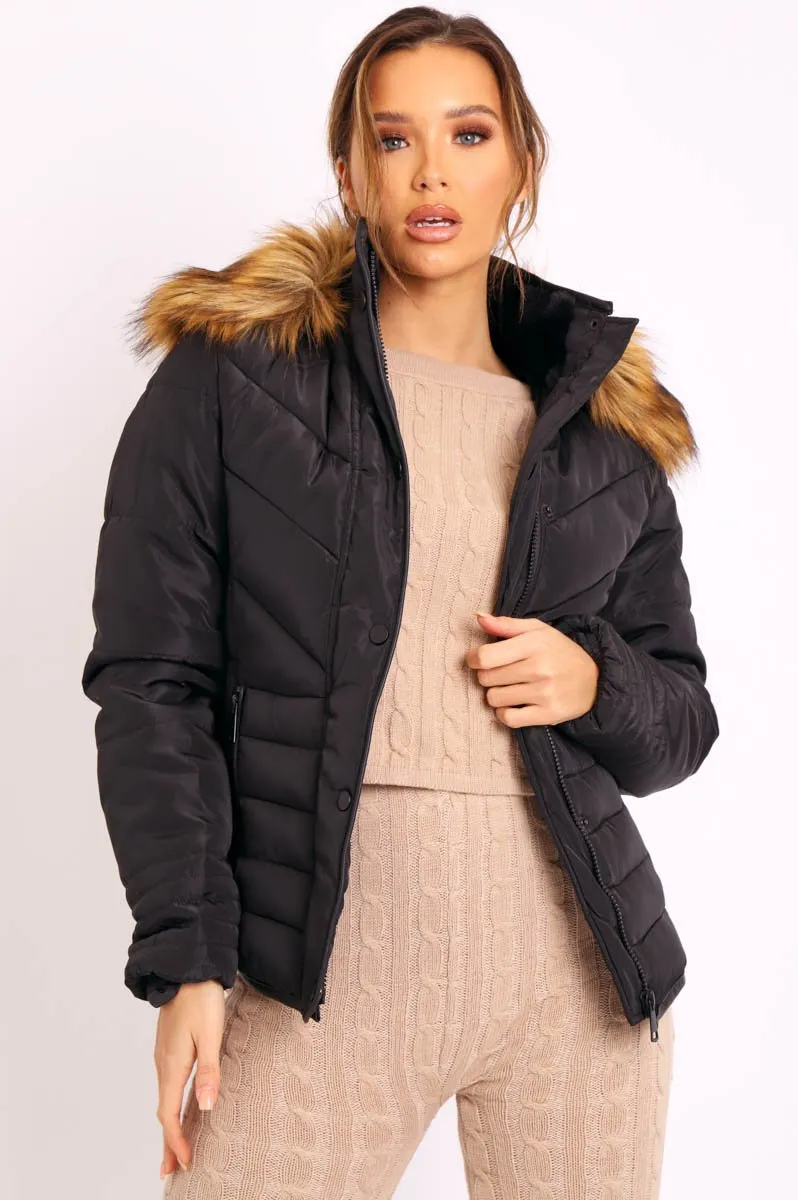 Black Fur Trim Quilted Puffer Coat - Lania