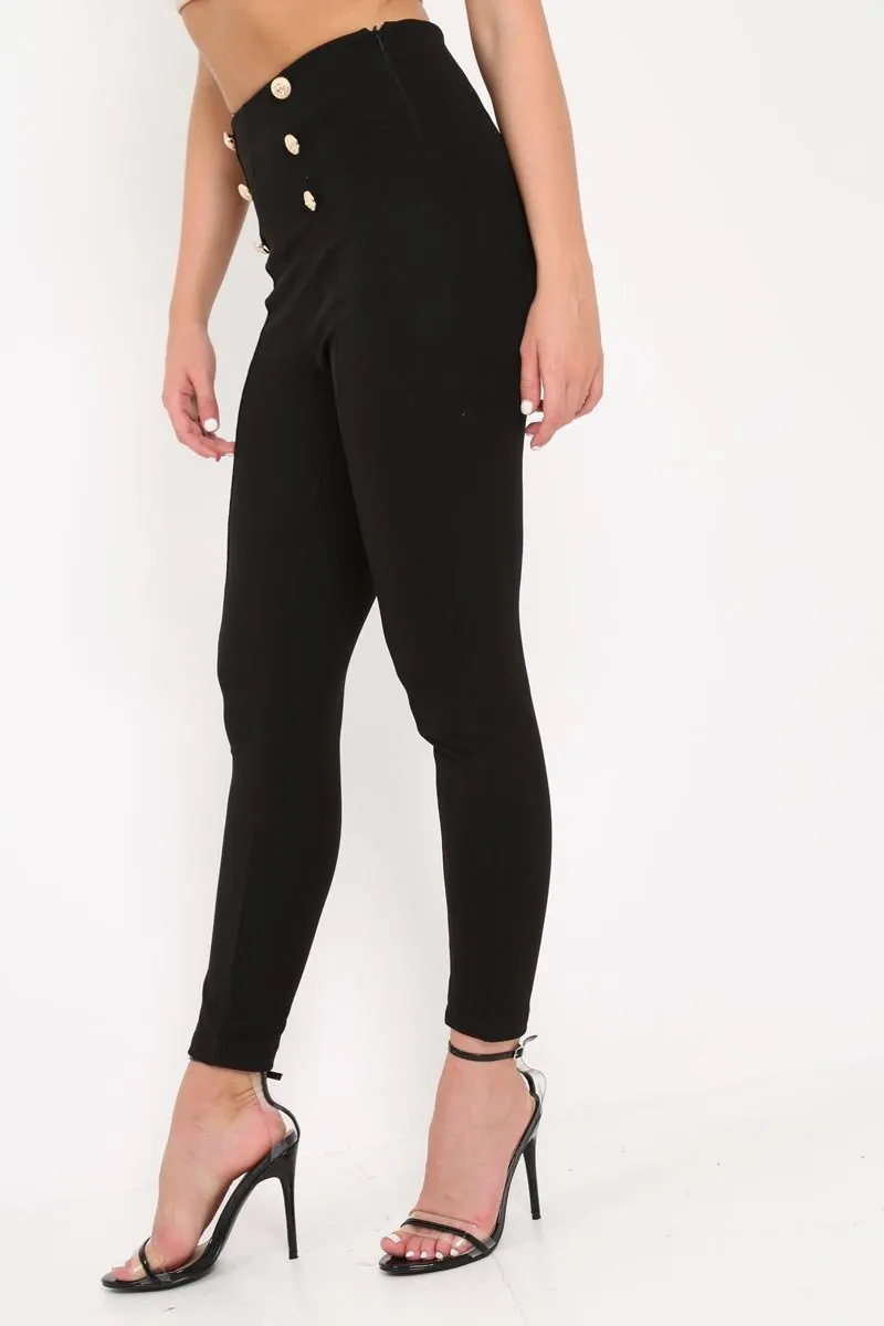 Black Gold Button Front Skinny Trousers - Aivy