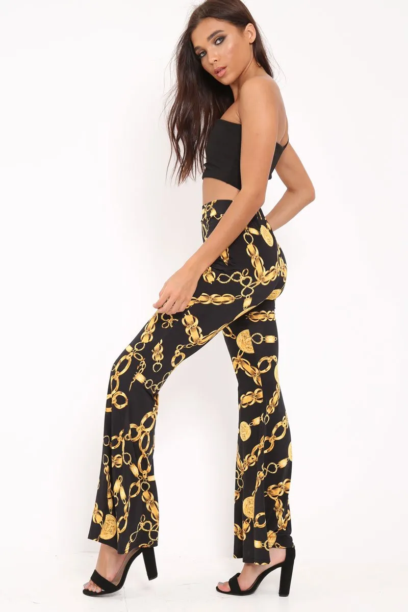 Black Gold Chain Print Flared Trousers - Brooke