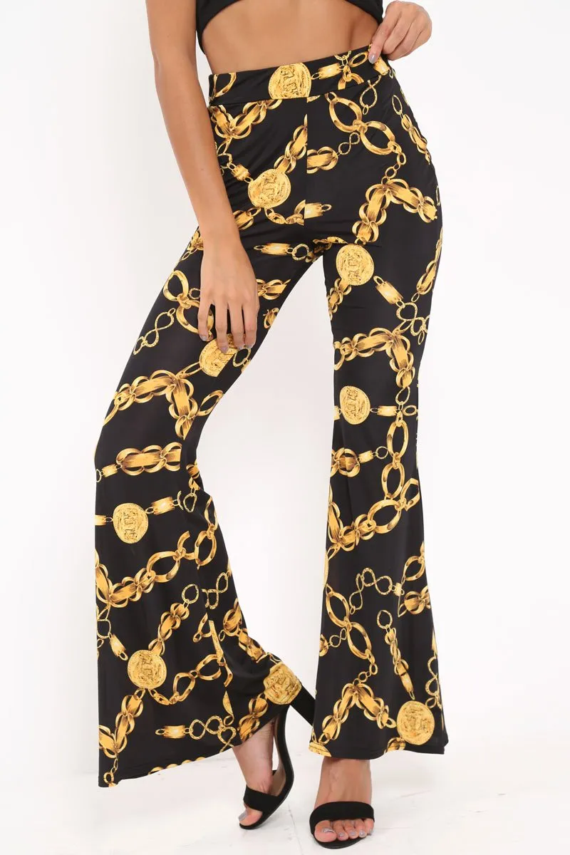 Black Gold Chain Print Flared Trousers - Brooke