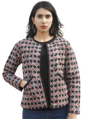 Black Grey Dusty Pink Silver Hand Block Printed Quilted Jacket - J03F897