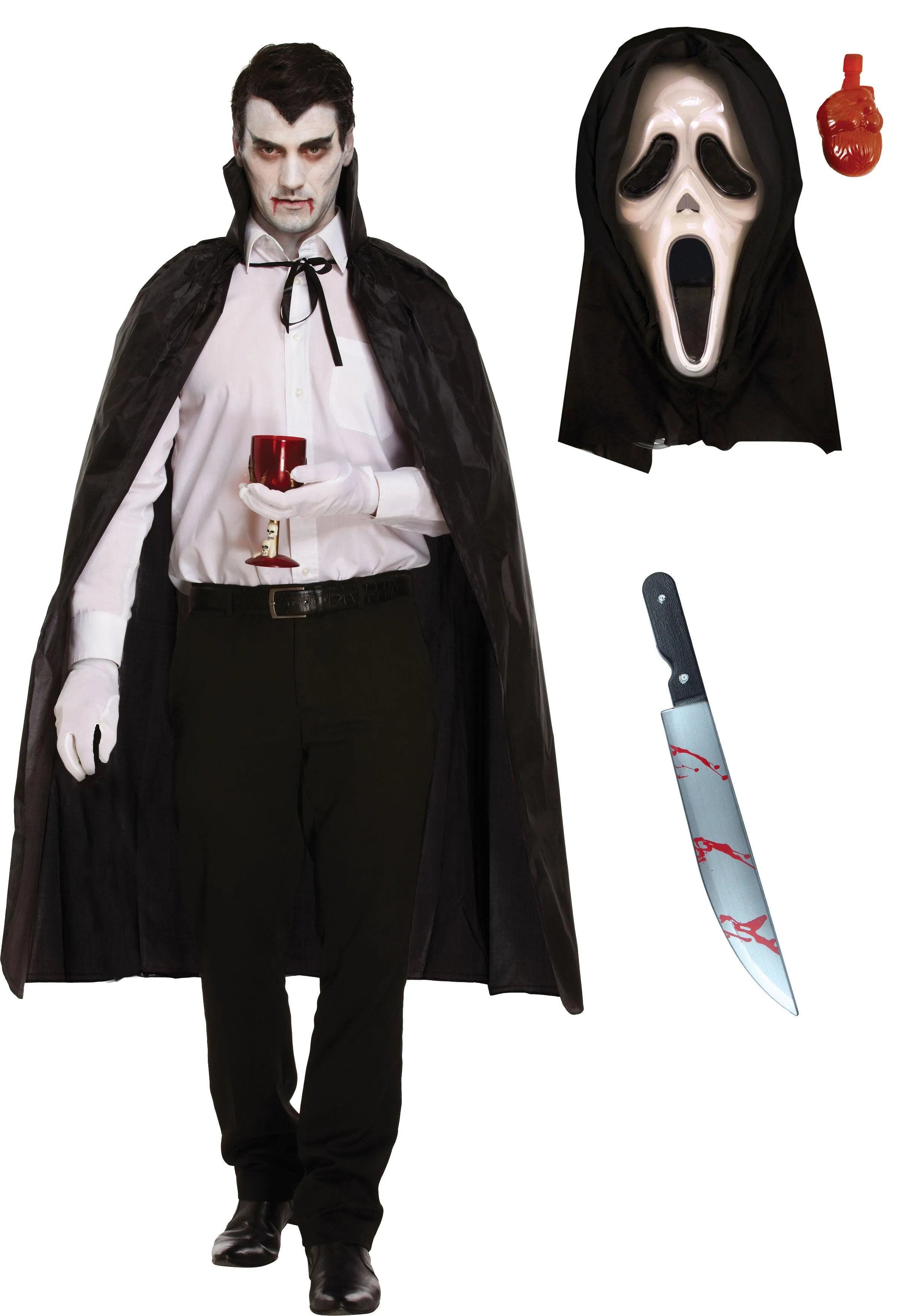 Black Long Dracula Cape with Collar Scream Bleeding Mask Plastic Blooded Knife 50 Cm Halloween Scary Dracula Costume