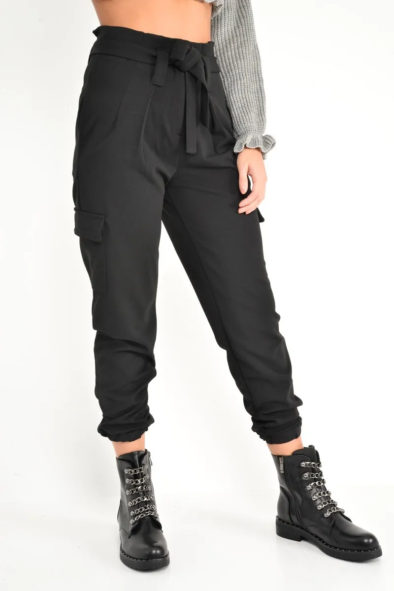 Black Paper Bag Cargo Pocket Trousers - Brette