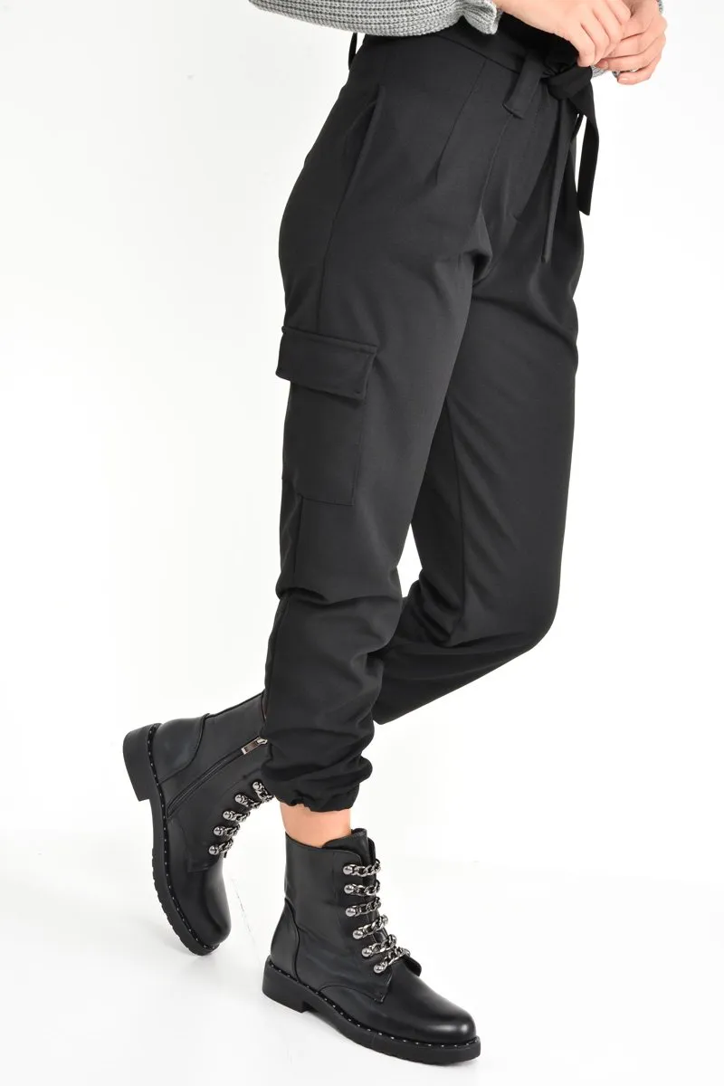 Black Paper Bag Cargo Pocket Trousers - Brette