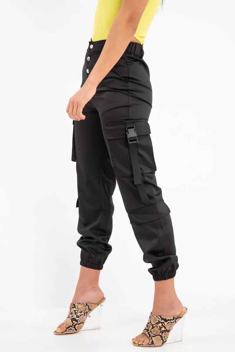 Black Popper Front Buckle Detail Cargo Trousers - Gabriella