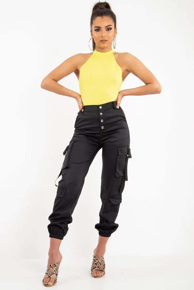 Black Popper Front Buckle Detail Cargo Trousers - Gabriella