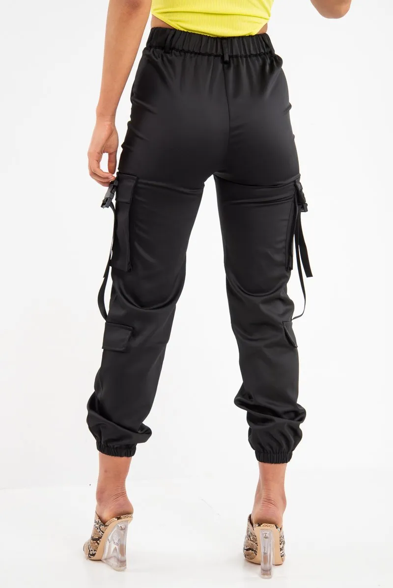 Black Popper Front Buckle Detail Cargo Trousers - Gabriella