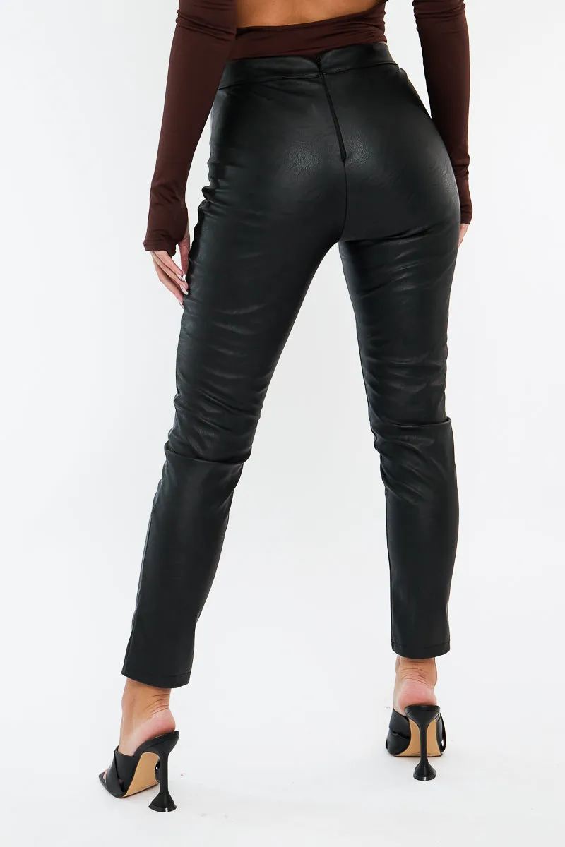 Black PU Leather Front Slit Trousers - Caro